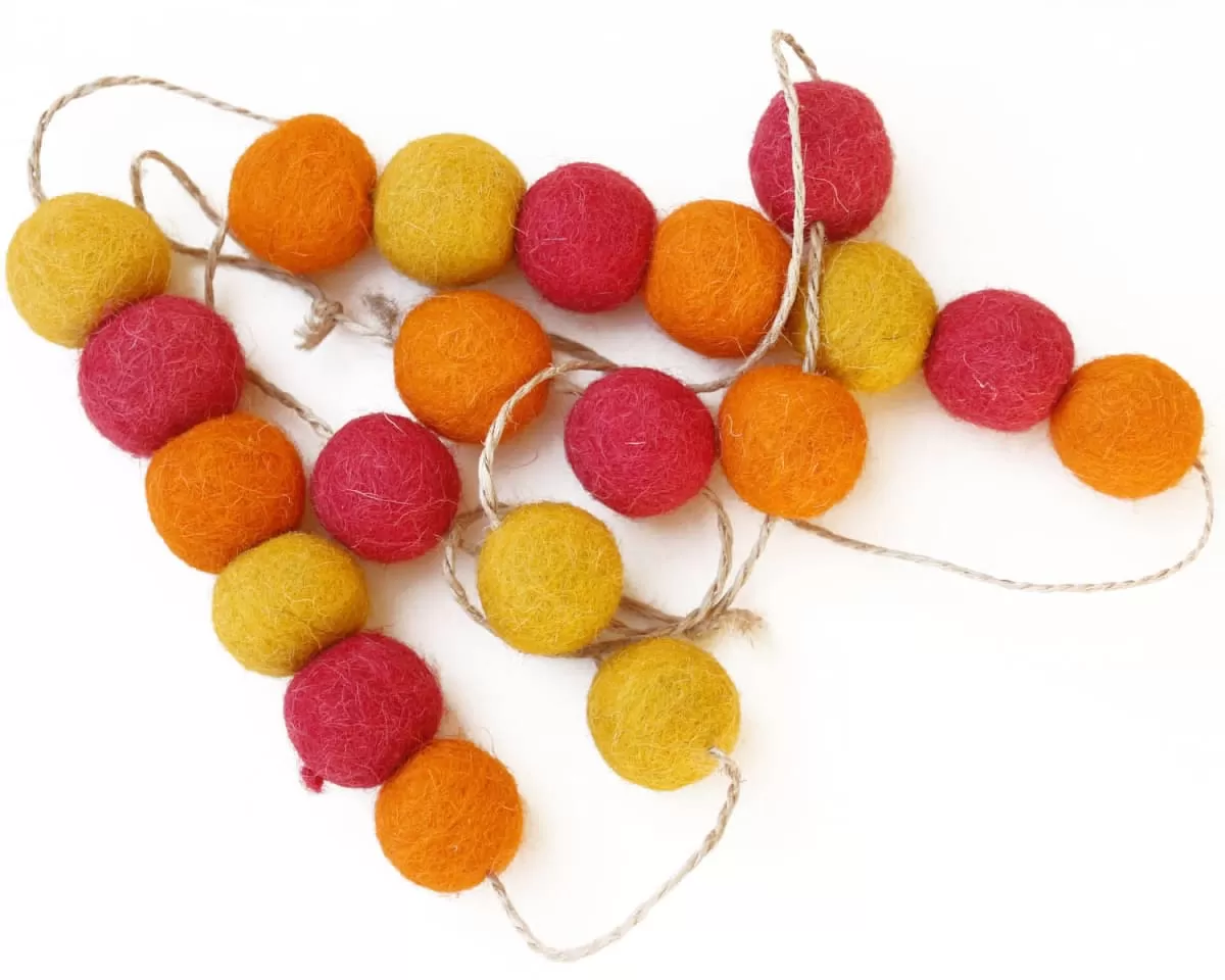 De Kulture Handmade Premium Wool Felt POM POM Garland Eco Friendly Christmas Tree Ornament Home Office Wedding Party Holiday Decoration Banner 48 Inches LONG RED YELLOW & ORANGE SET OF 2